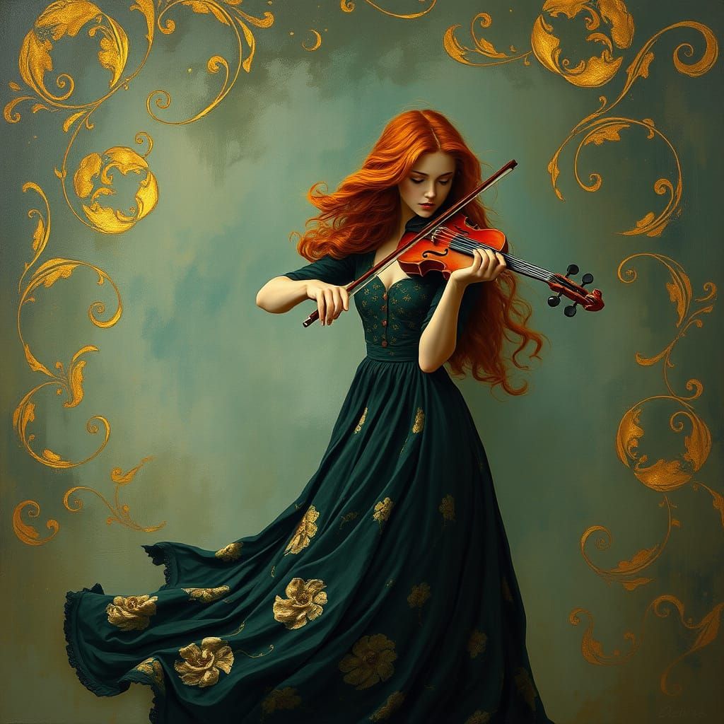 Ethereal Irish Siren Plays Fiddle in Whimsical Oil Painting