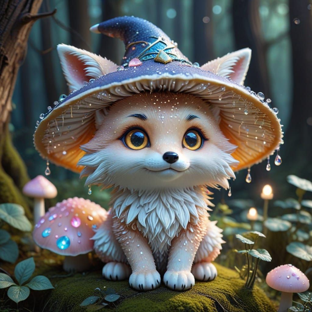 Chibi Fox Wizard in Mushroom House: Kawaii Art