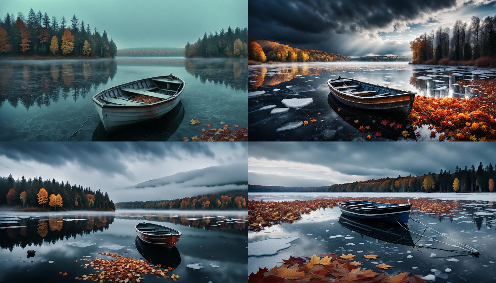 Foggy Autumn Lake with Ice-Bound Boat: Cinematic Still