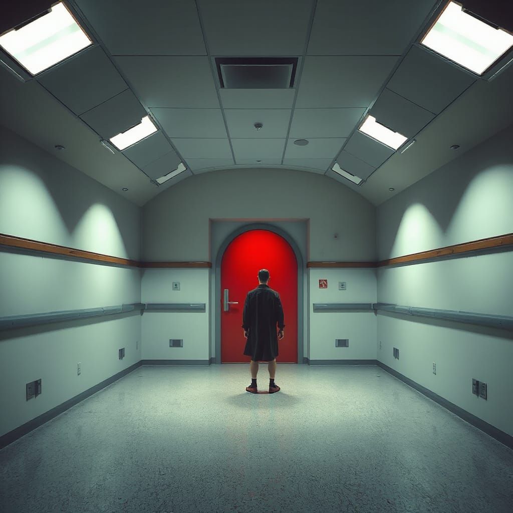 Ominous Red Door in Dystopian Hospital Lobby