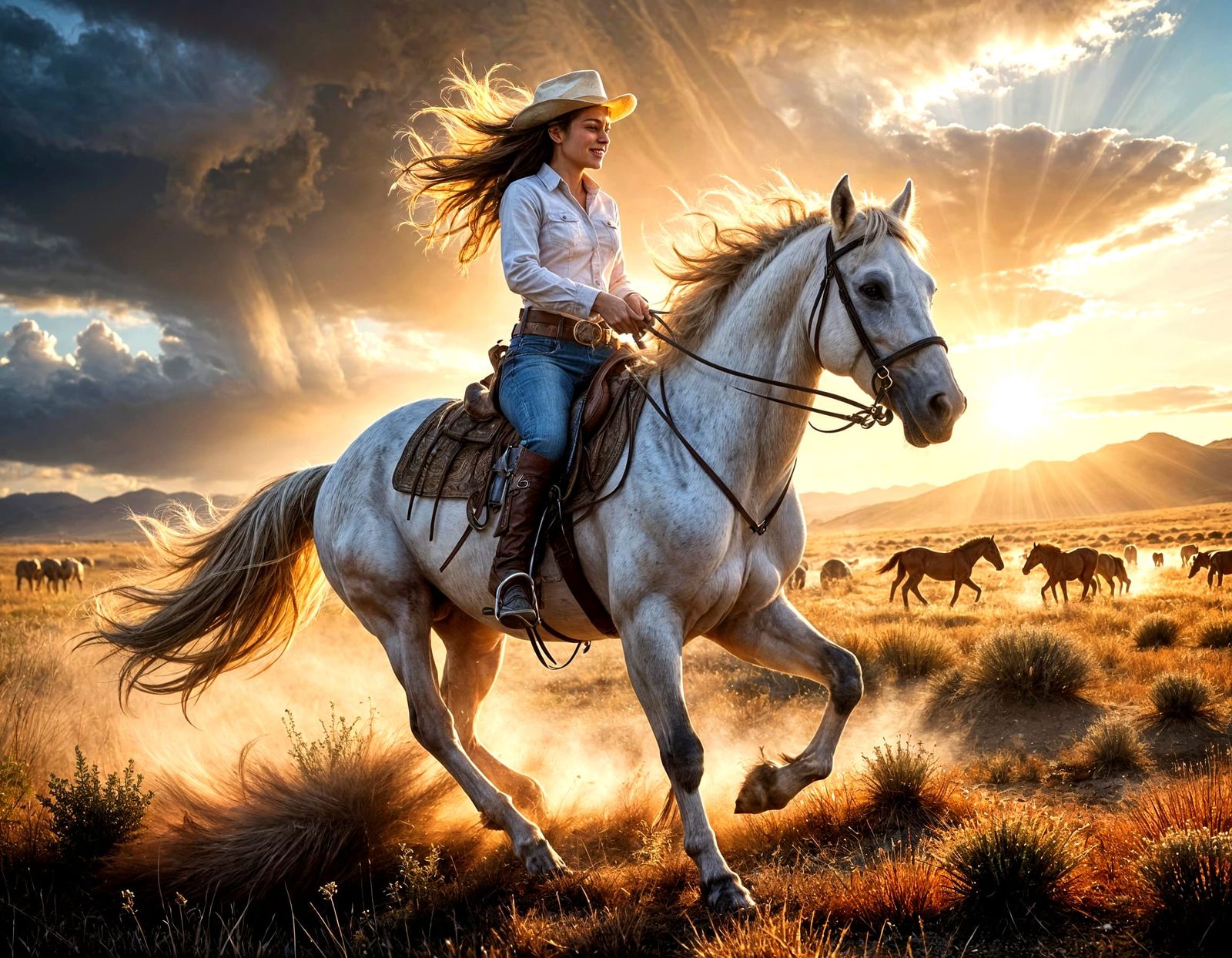 Cowgirl and Horse Running in Windy Prairie