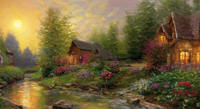 Thomas Kinkade Style Painting of a Cozy Cottage
