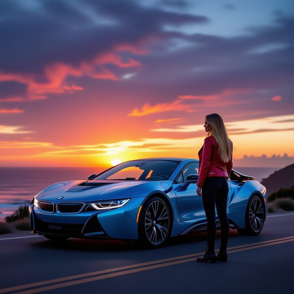 Futuristic Blue BMW on Coastal Road at Sunset