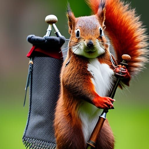 Anthropomorphic Squirrel Plays Bagpipes in Kilt