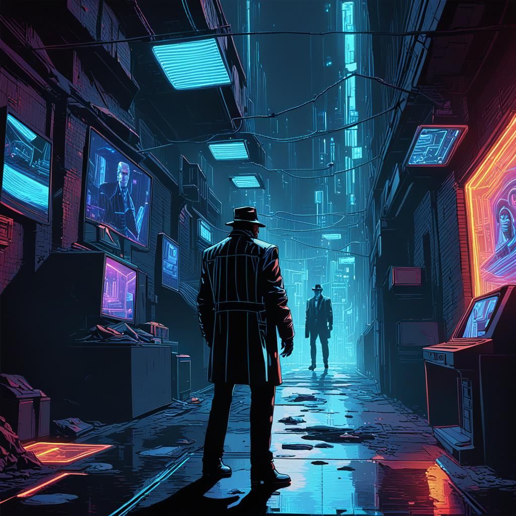 a detective in a cyberpunk city viewing a holographic crime scene recreation