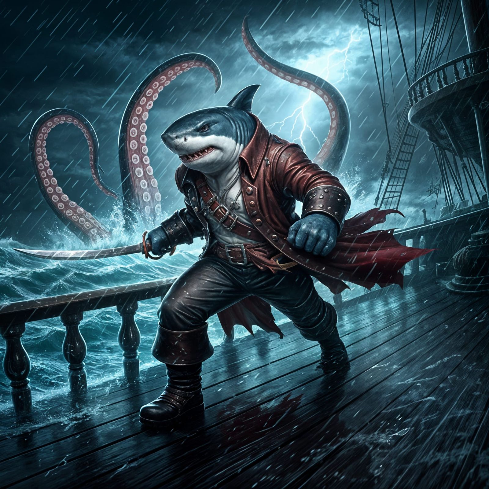 Shark Pirate vs Kraken in Stormy Seas