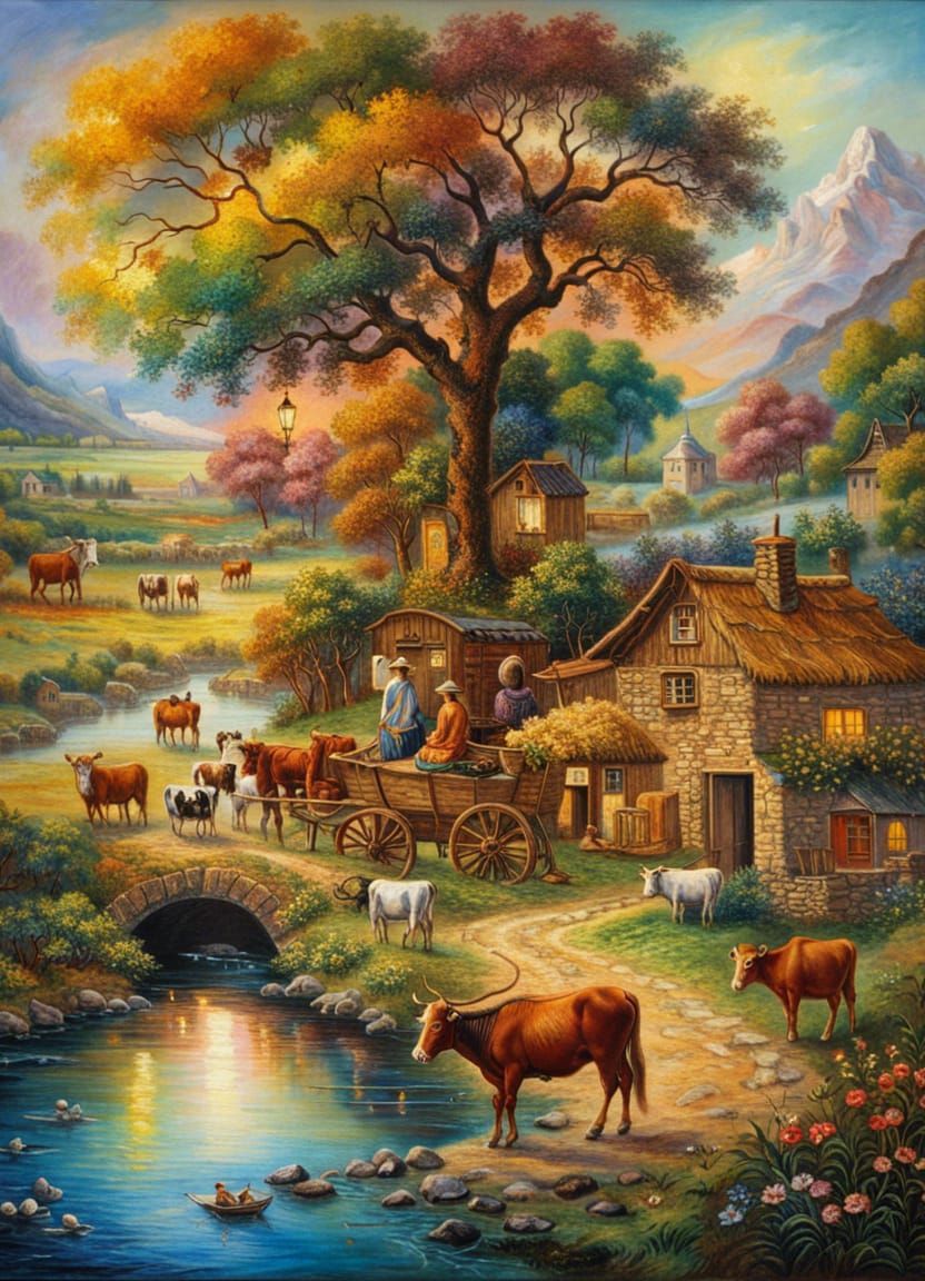 Picturesque Village Scene in Fantasy Oil Painting Style