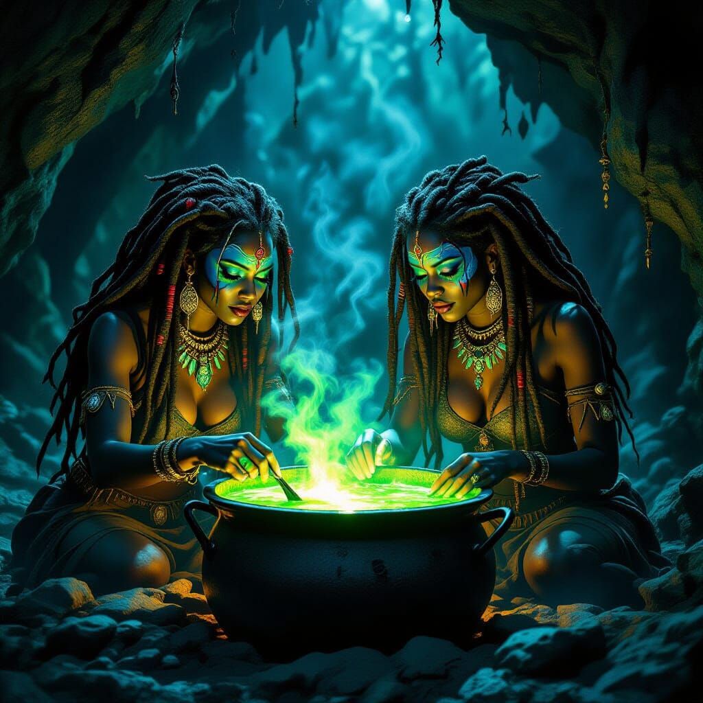 Voodoo Priestesses Stirring Potion in Dark Cave