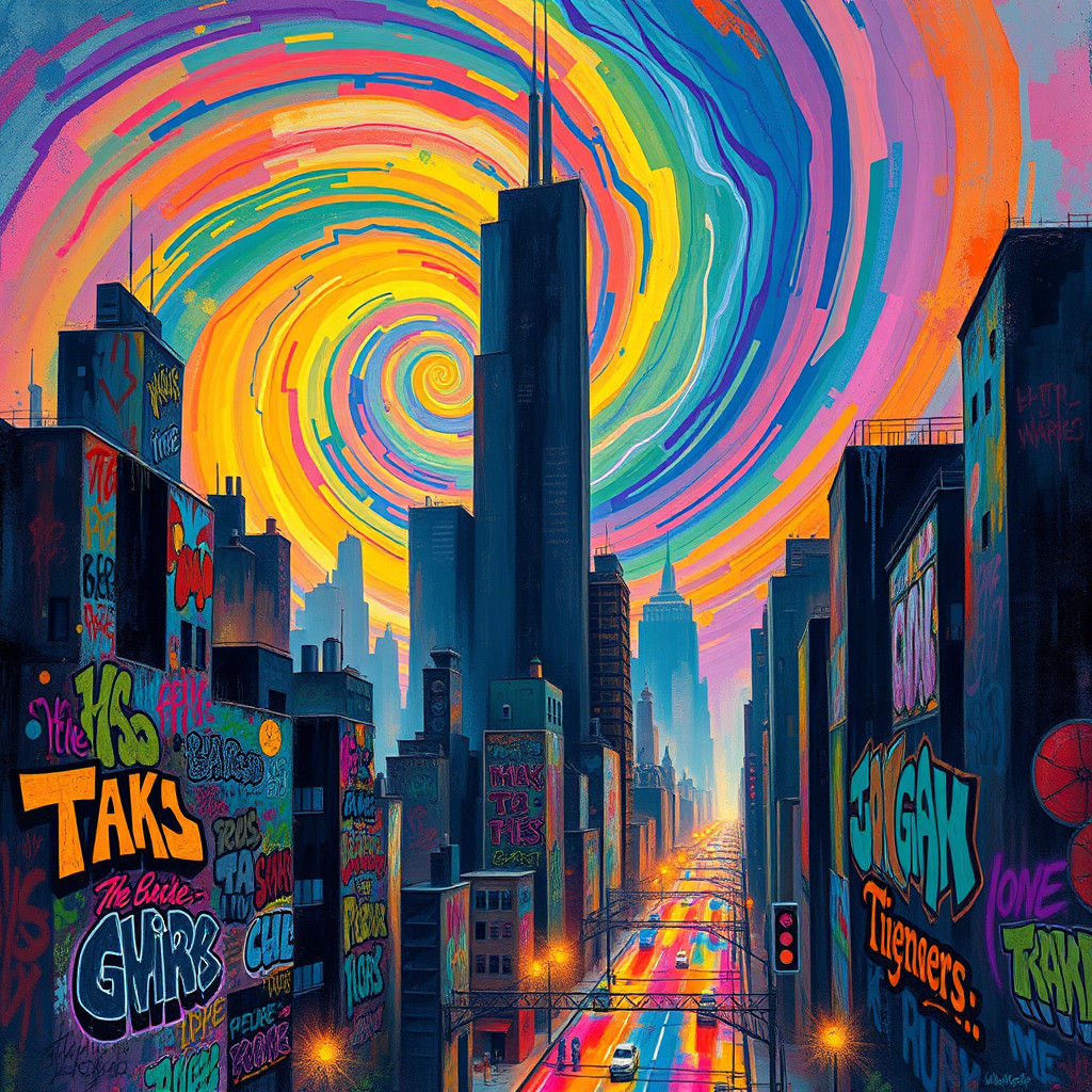 Psychedelic Fauvist Cityscape with Cosmic Graffiti Art