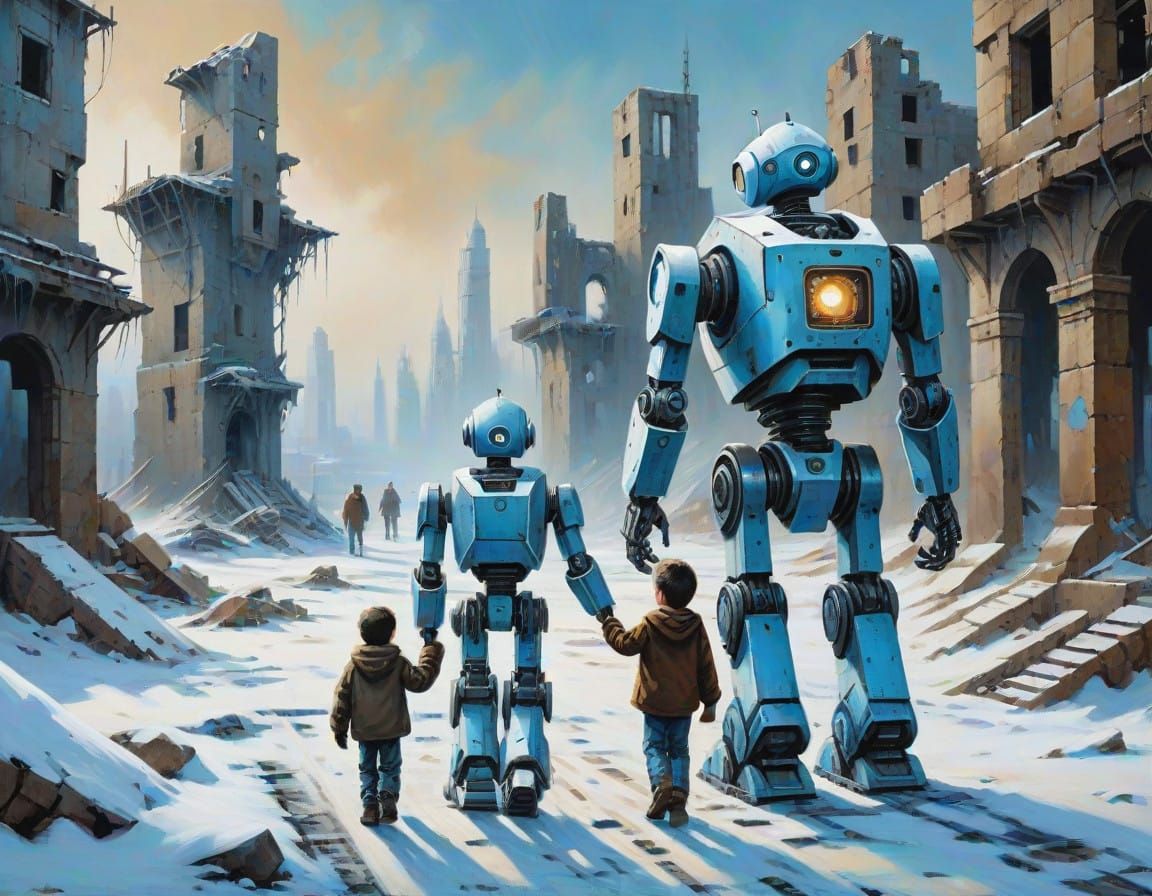 Small Robot and Boy Amidst Ruin in Post-Apocalyptic Winter W...