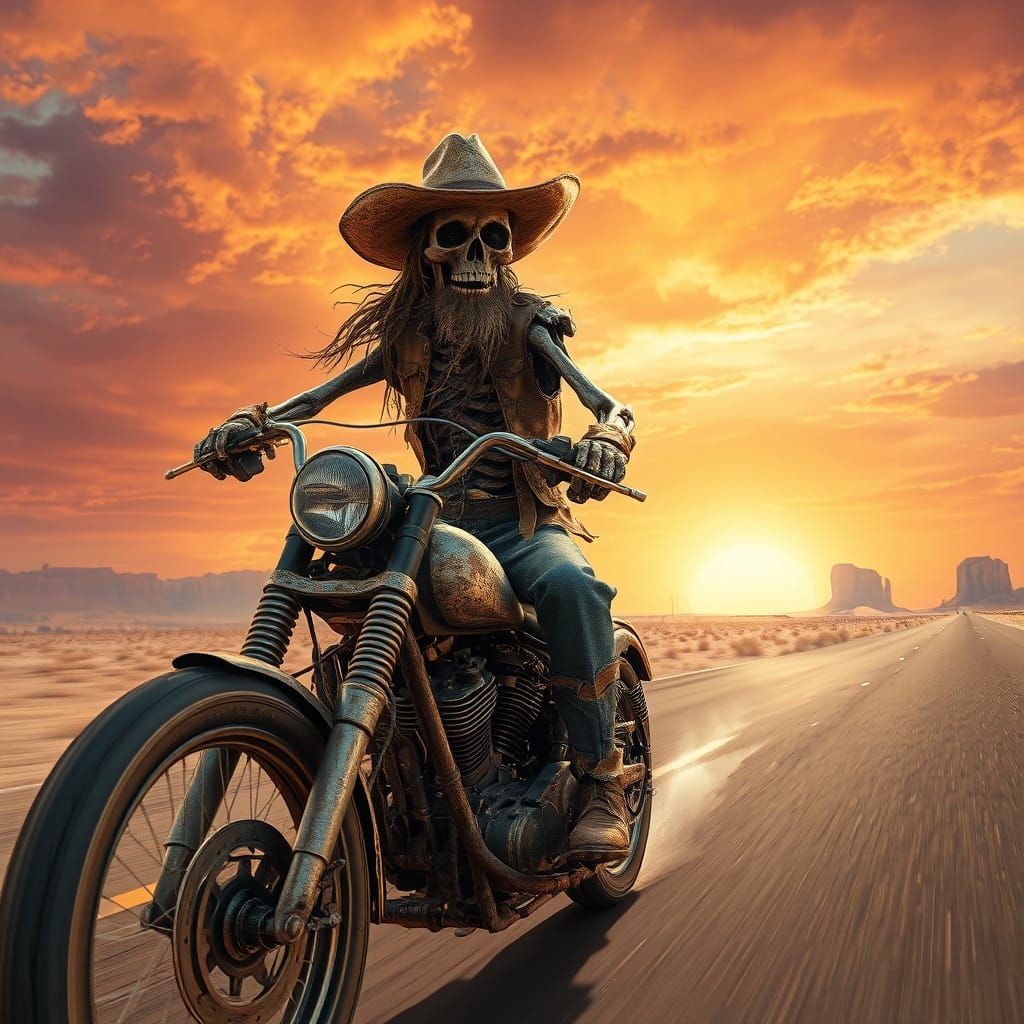 Rugged Skeleton Biker Rides Texas Highway in Dusty, Chrome-P...