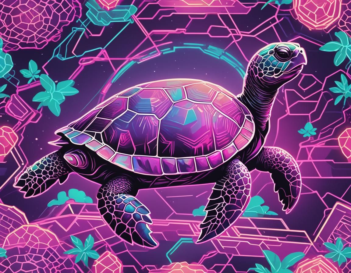 Iconic Vaporwave Turtle in Neon Retro-Futuristic Setting