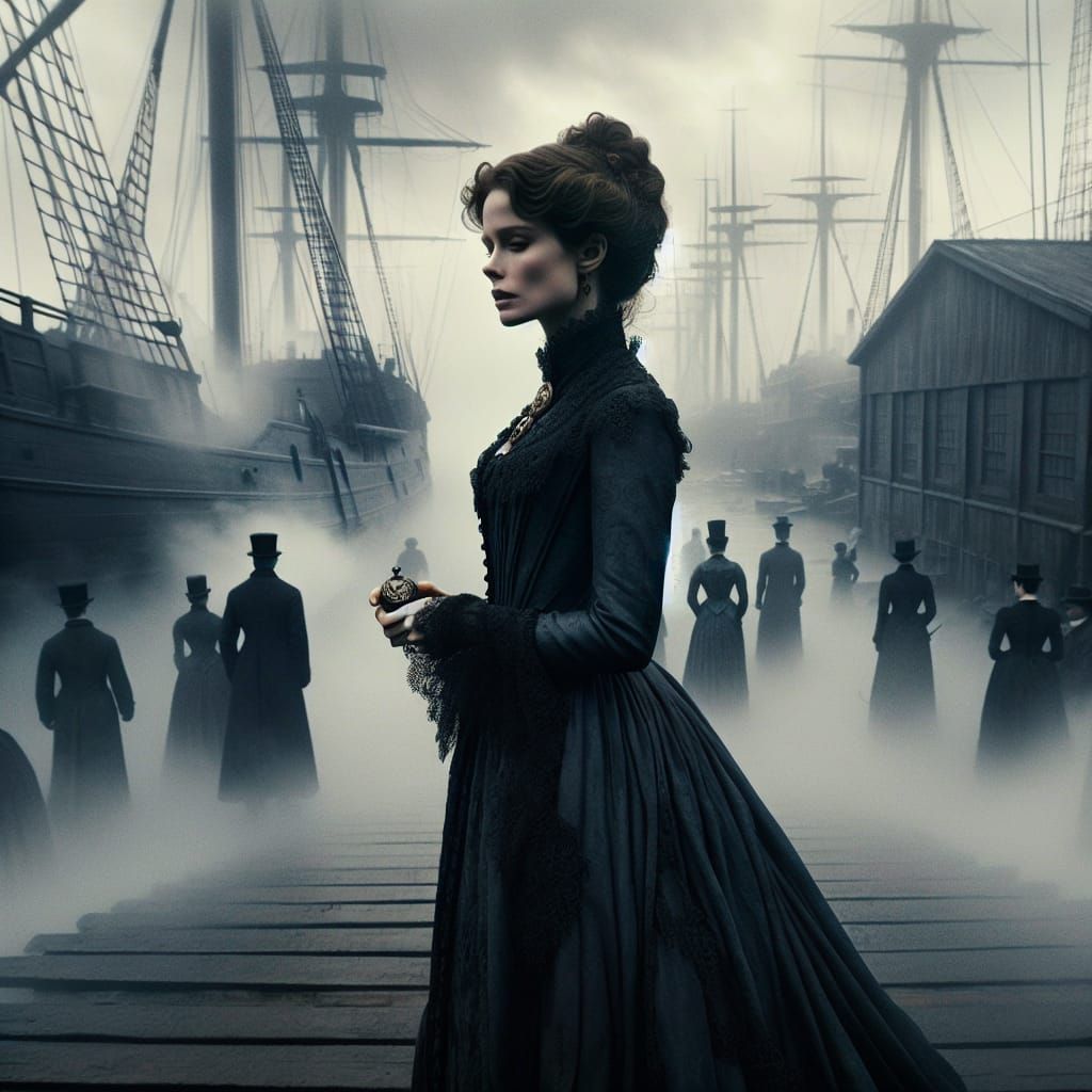 Elena Arrives in Victorian England on Foggy Docks