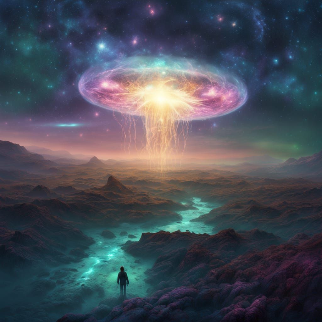 Ethereal Bioluminescent Jellyfish Drifts Toward a Black Hole