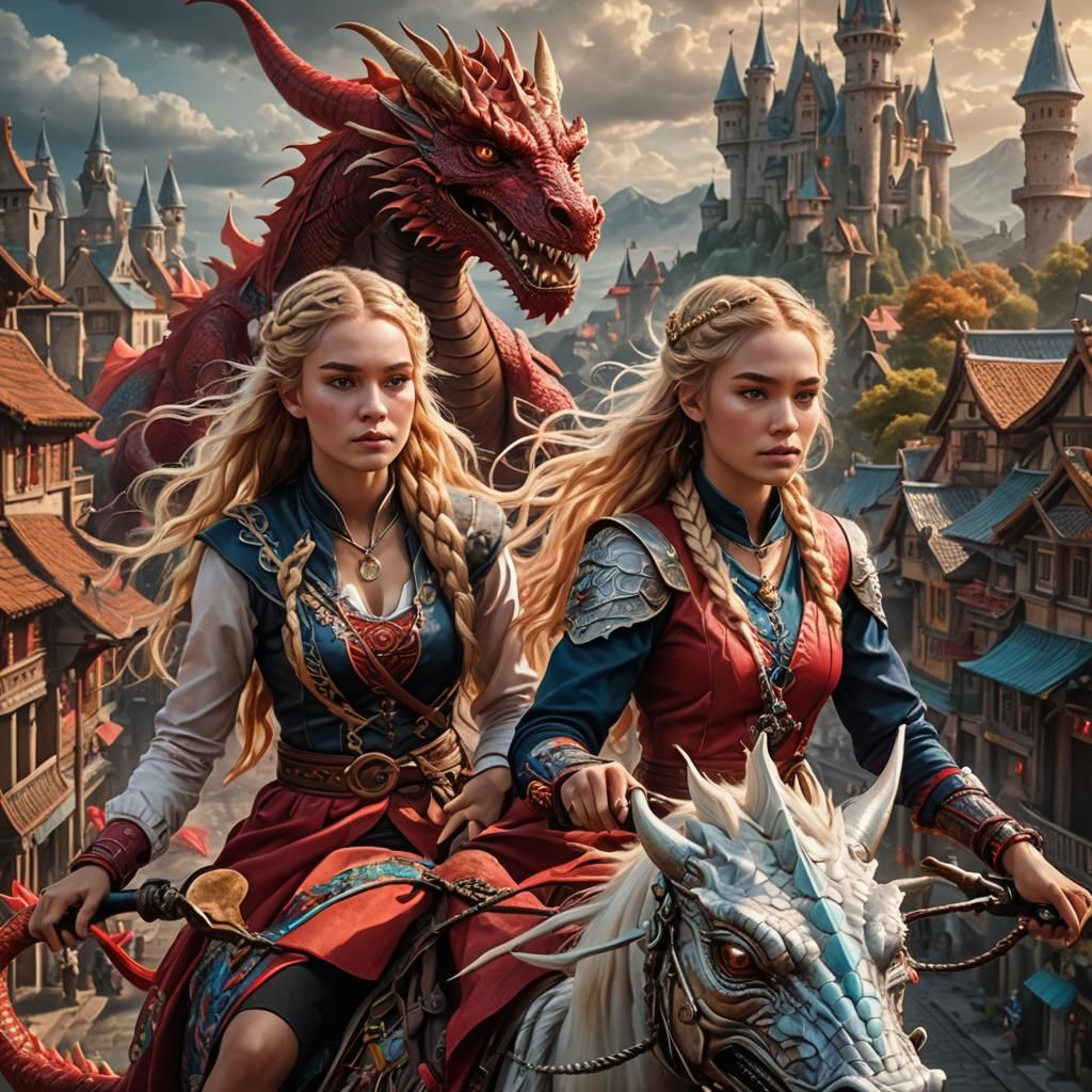 Teens on Dragons Above Fantasy Town in Digital Painting