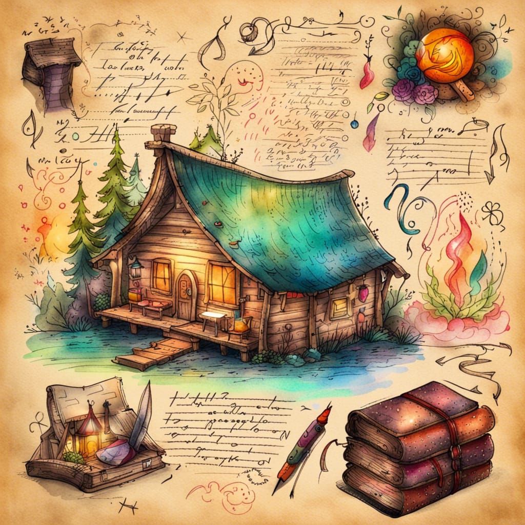 Cozy Cabin in Woods: Colorful Ink Sketch