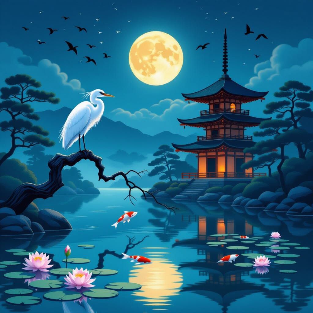 Tranquil Japanese Landscape with Heron and Pagoda