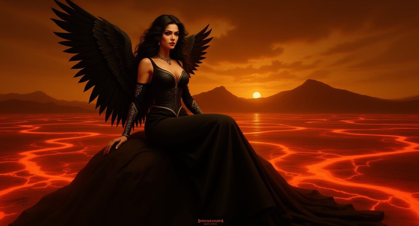 Dark-Haired Woman with Black Wings on Volcanic Landscape