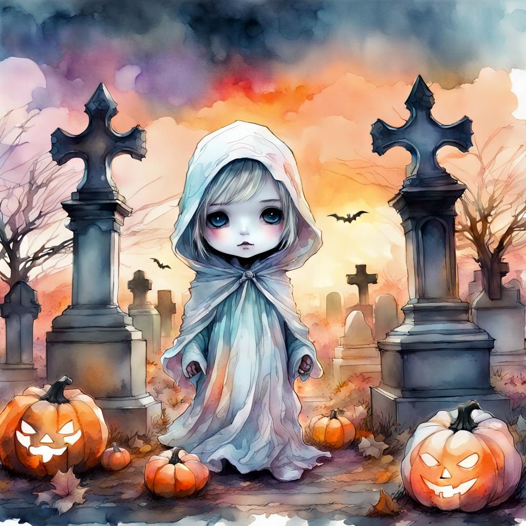 Cute Chibi Ghost in Cemetery: Digital Watercolor