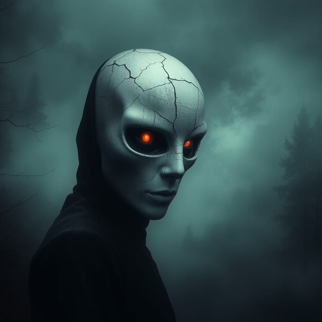 Eerie Figure in Porcelain Mask at Forest Edge