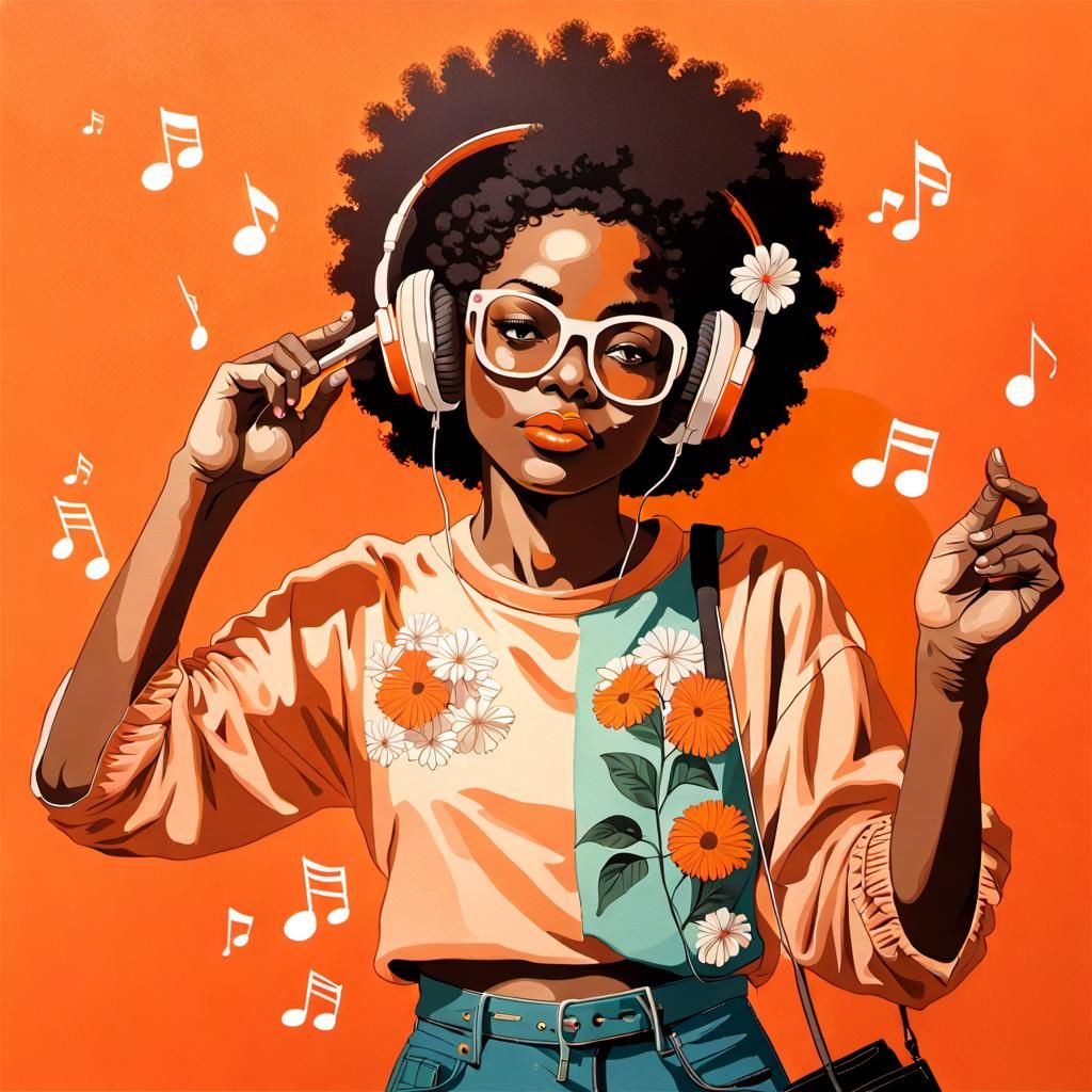 Afro-Colombian Woman Listening to Music: Silkscreen Print