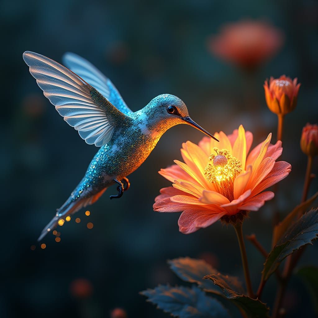 Steampunk Hummingbird with Digital Flower