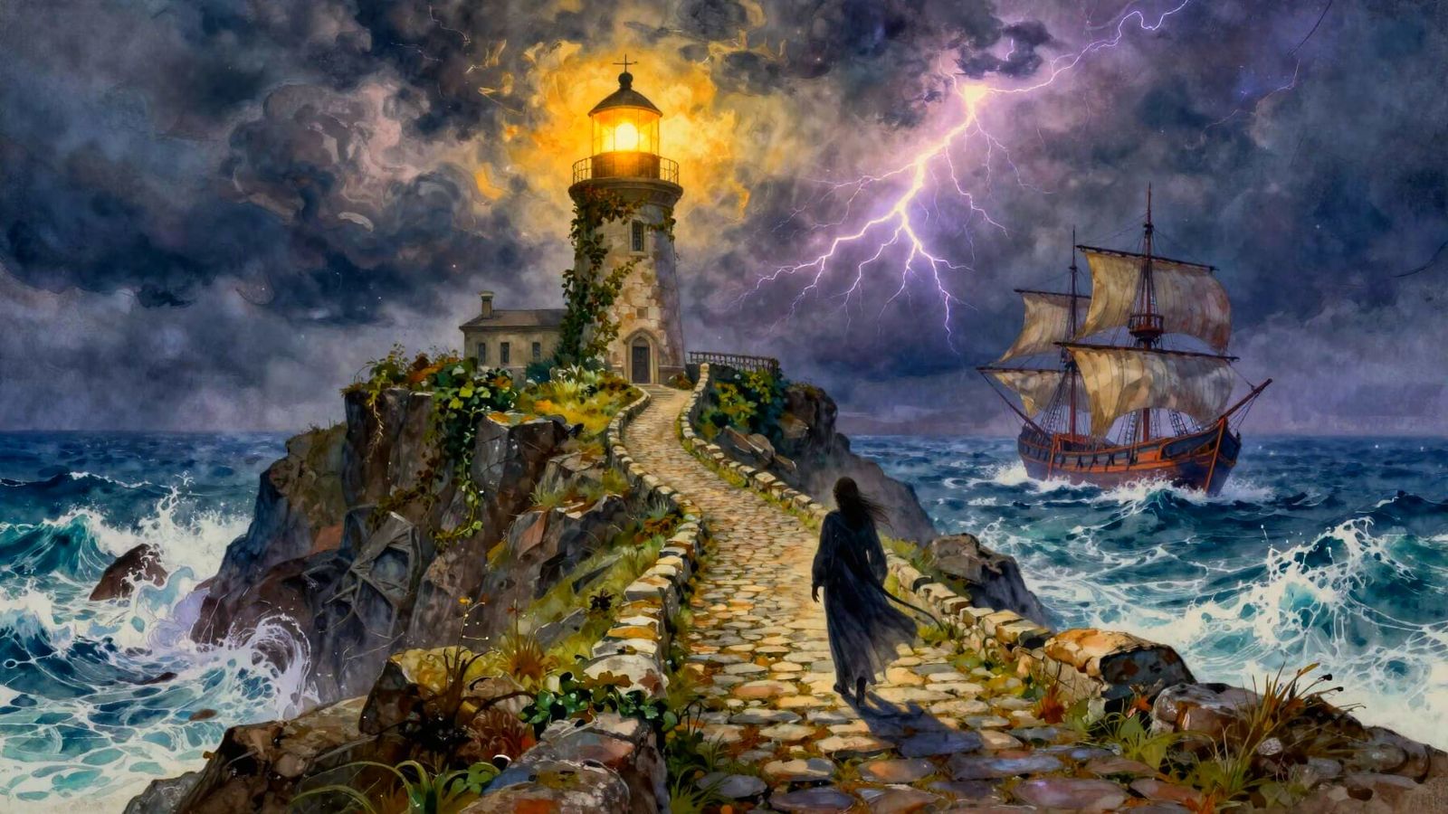 Dramatic Coastal Lighthouse Scene in Watercolor-Gouache Fant...