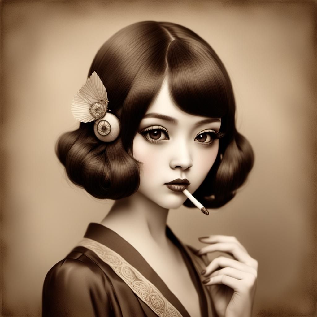 Chibi Girl Portrait in Sepia Tone, Vintage Style