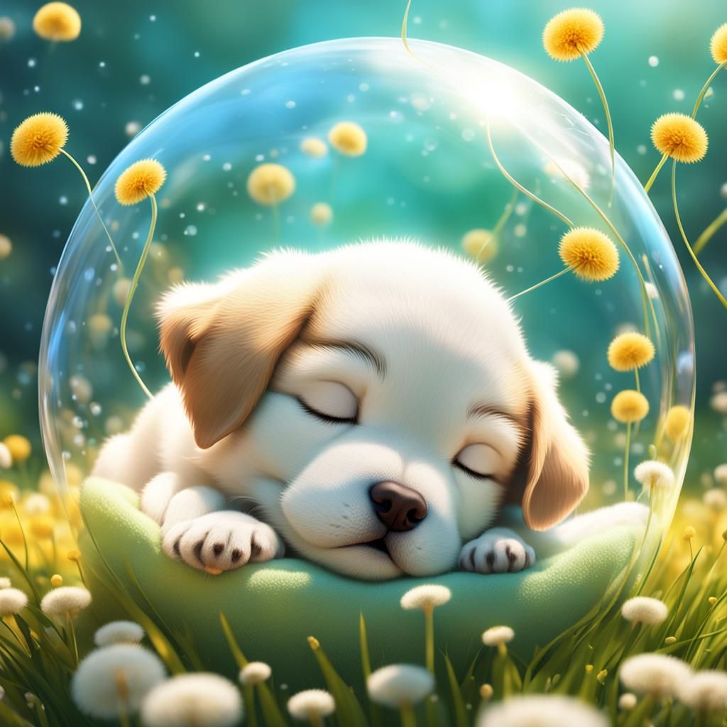 Puppy Sleeping in Bubble with Dandelions: 3D Digital Art