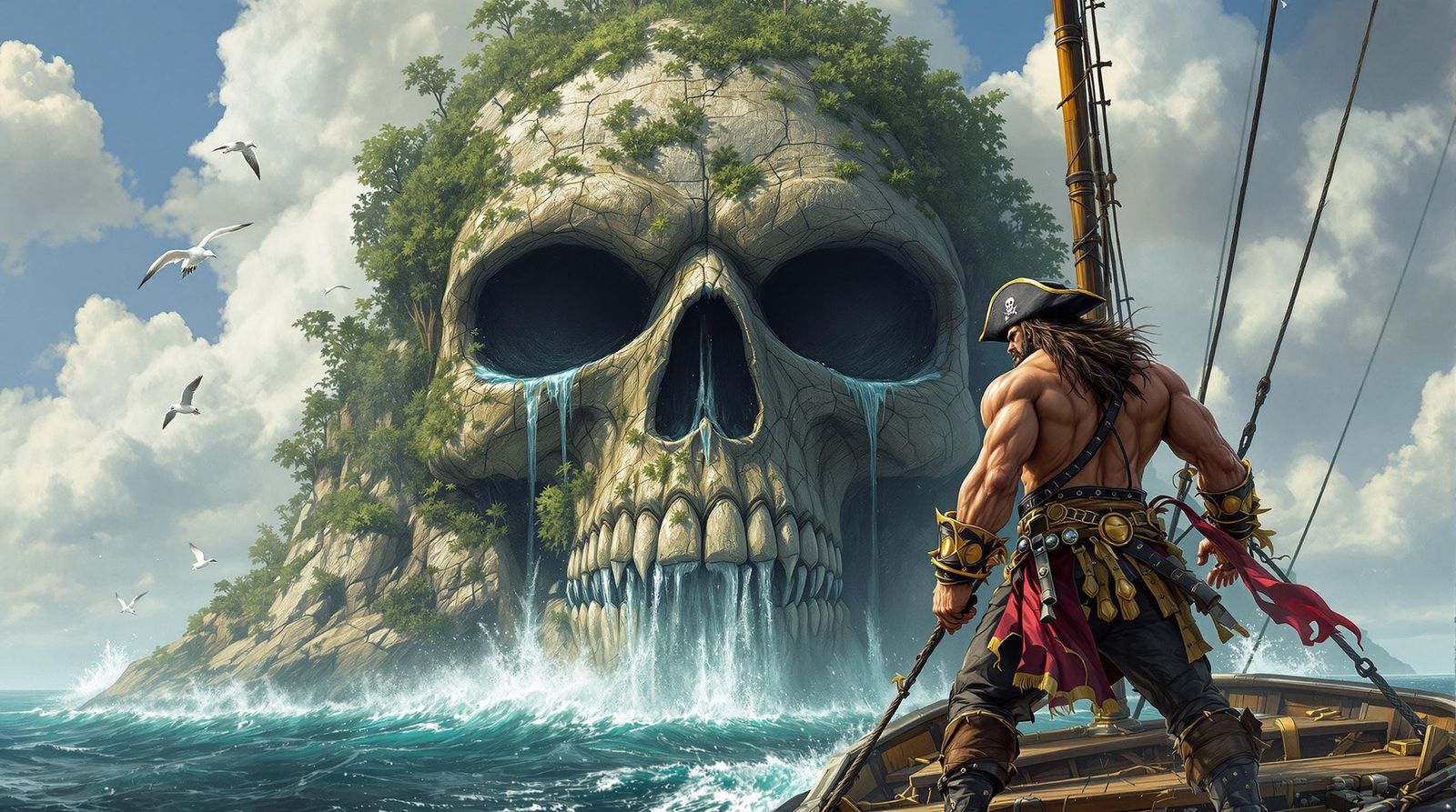 Pirate Approaches Skull Island in Fantasy Art