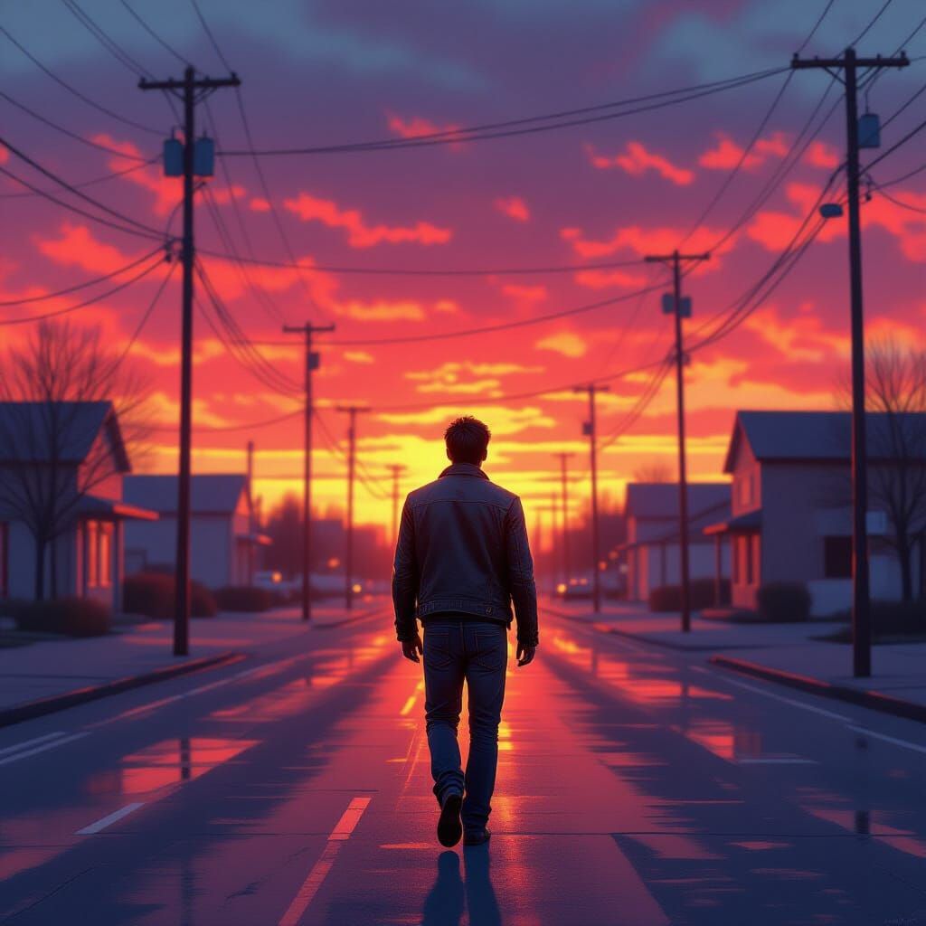 Lone Figure Walking at Sunset: Digital Painting