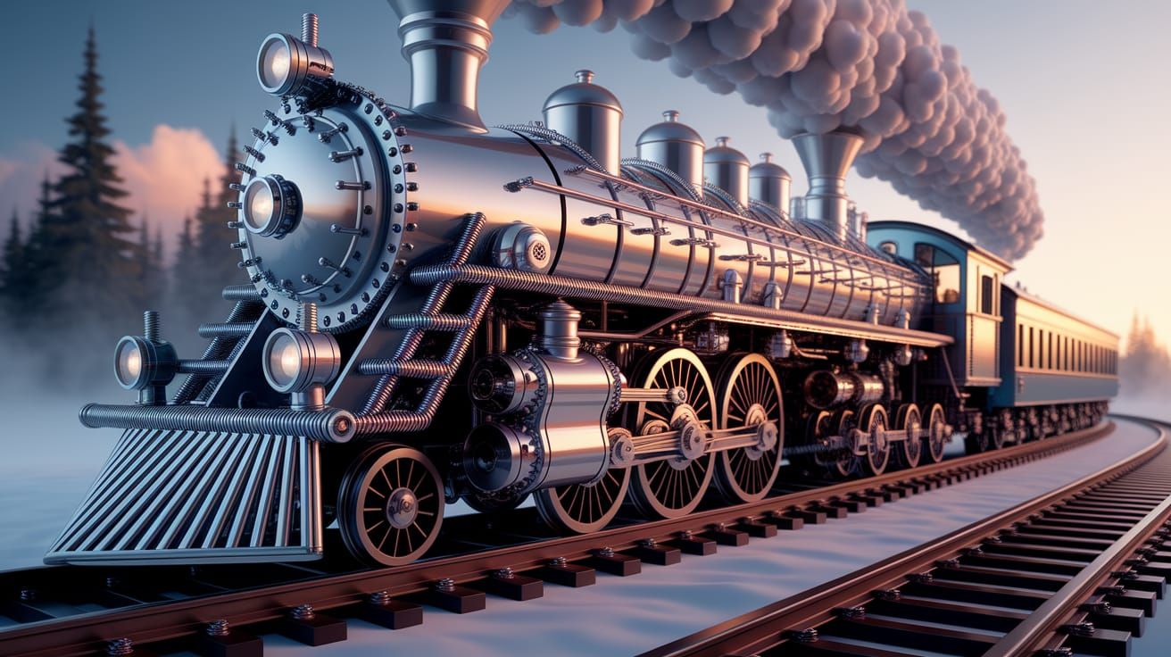 Photorealistic Steampunk Train Made of Screws and Nails