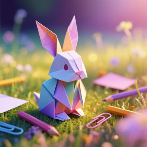 Origami Bunny in Sun-Dappled Meadow, Photorealistic