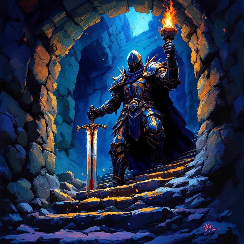 Sweeping Impressionistic Painting of a Knight Descending a D...