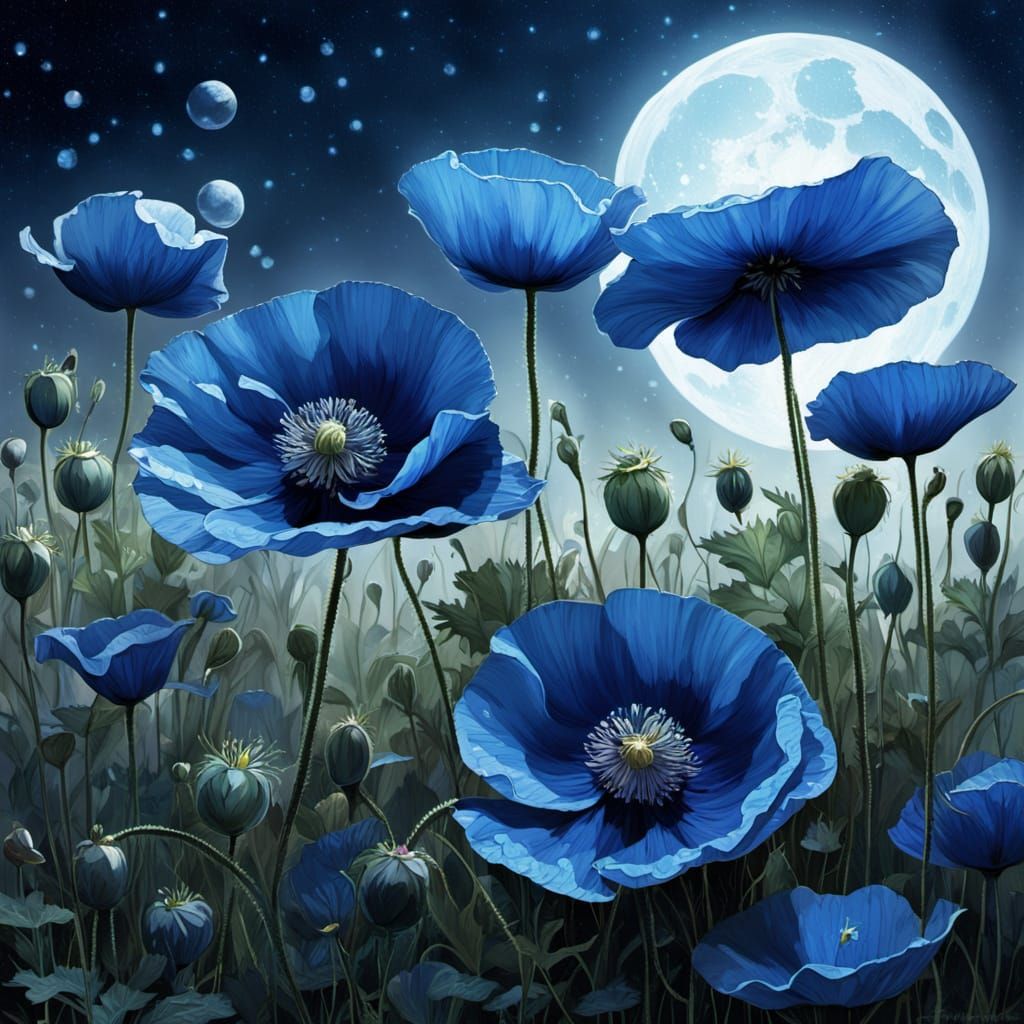 Ethereal Blue Poppies Under Starlit Sky