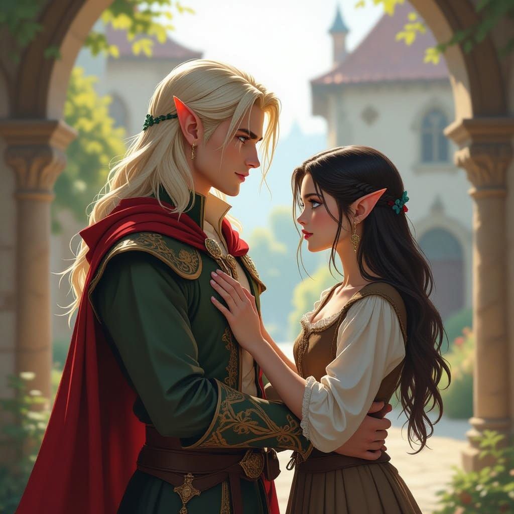 Ethereal Noble Elf and Maiden in Sunlit Courtyard