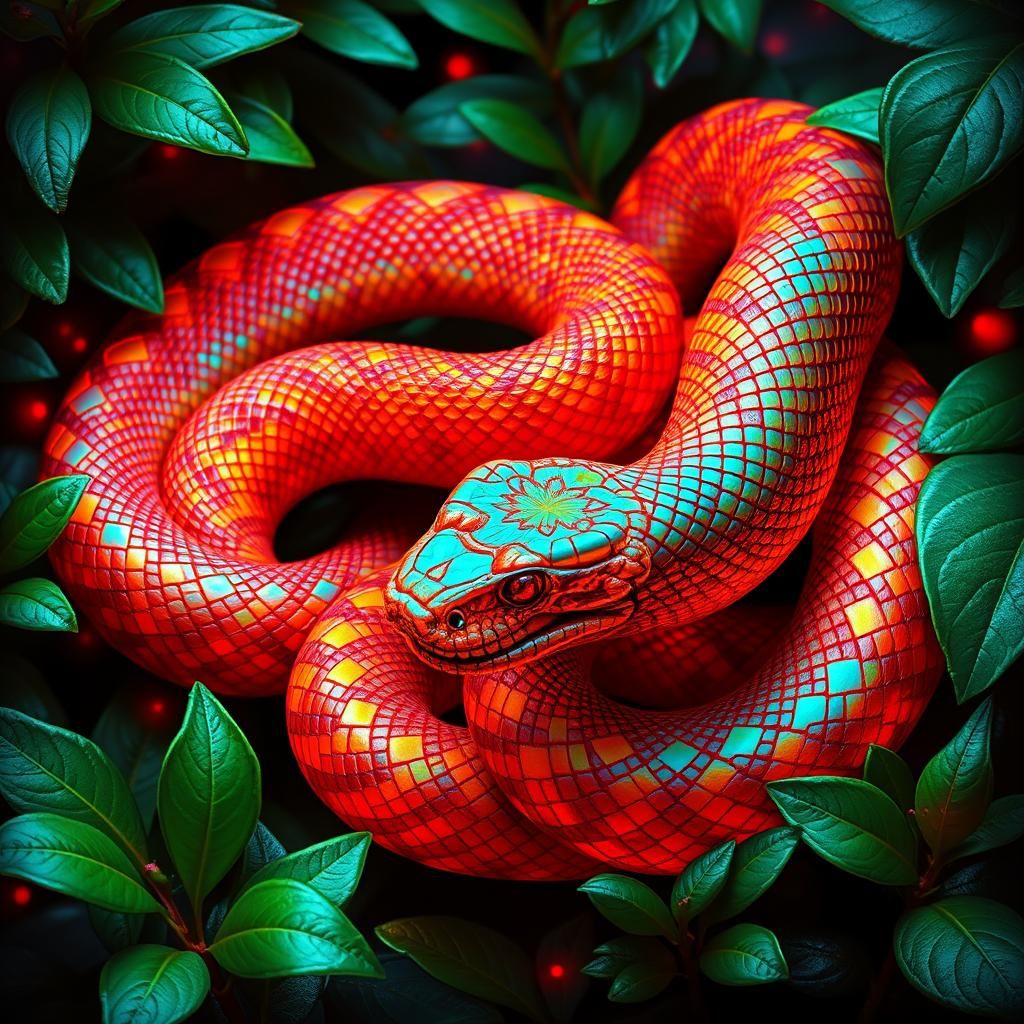 Iridescent Gemstone Snakes in a Fiery Jungle