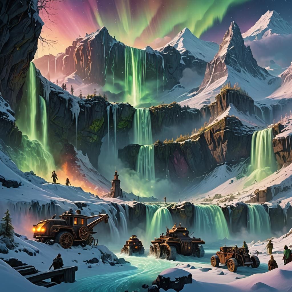 Elves and Machinery Under Northern Lights: Digital Art