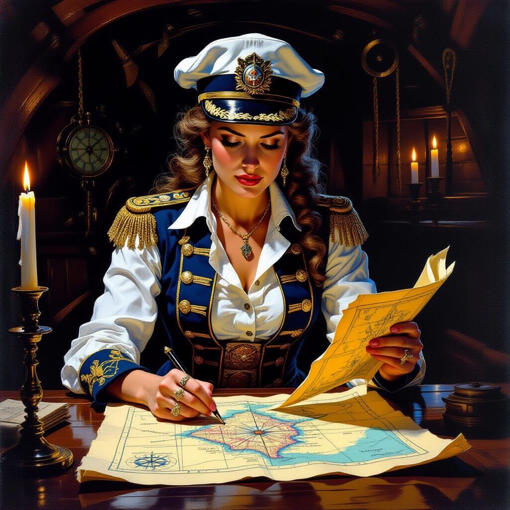 Lady Captain Studies Map in Fantasy Painting Style