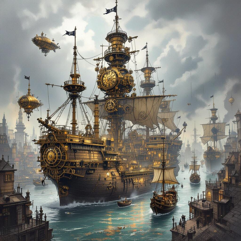 Steampunk Pirate Cityscape with Airships and Canals