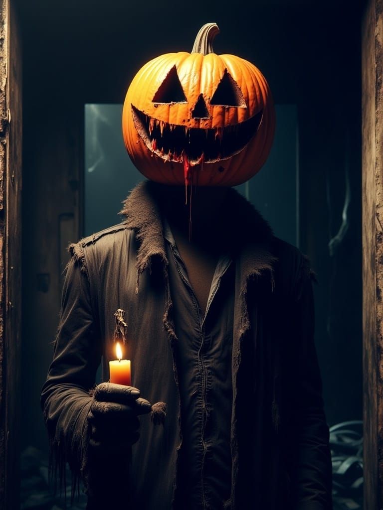Haunted Pumpkin Character in Dark Photorealistic Style