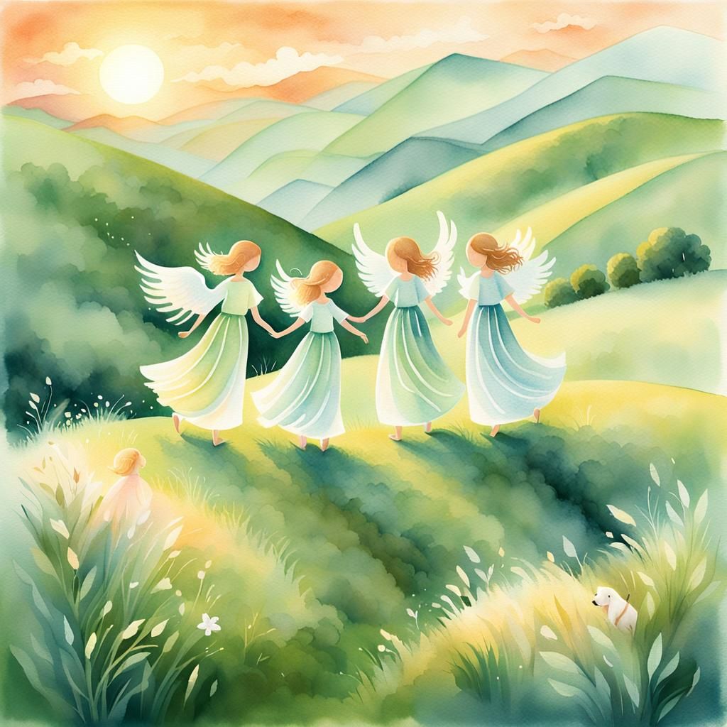Angels and Puppy Playing: Ethereal Watercolor Illustration