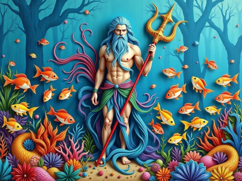 Poseidon God of the Sea Standing Proudly Amidst Fish