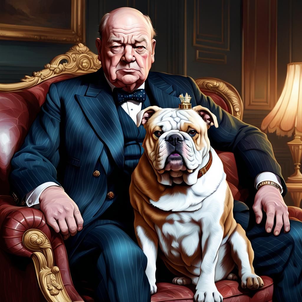 Churchill and Bulldog Portrait in Hyperdetailed Style