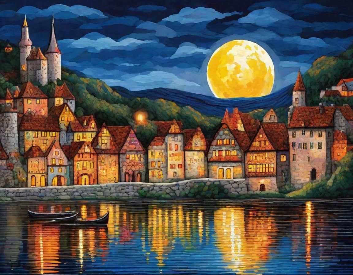Medieval Village and Moon in Naive Folk Art Style