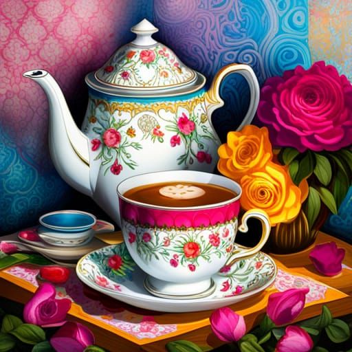Graffiti Art Tea Set with Flowers, Splash Art Style