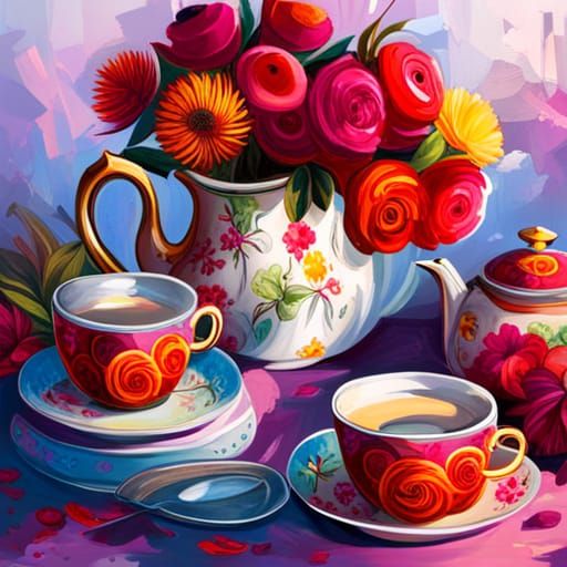 Colorful Graffiti Art: Vintage Tea Set with Flowers