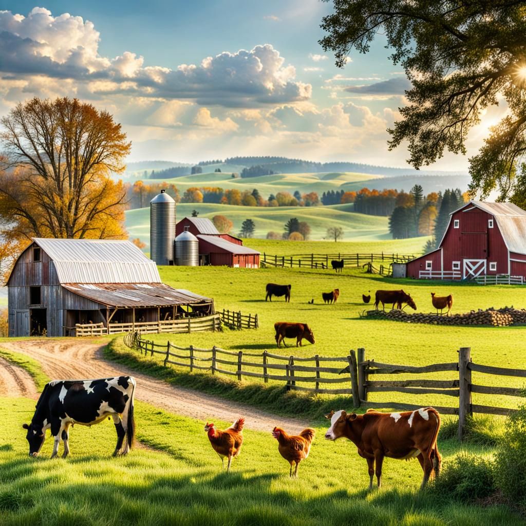 Charming Rustic Farm Scene with Animals