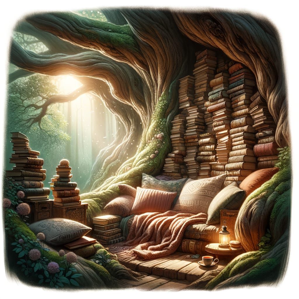 Tranquil Reading Nook in Ancient Tree Hollow