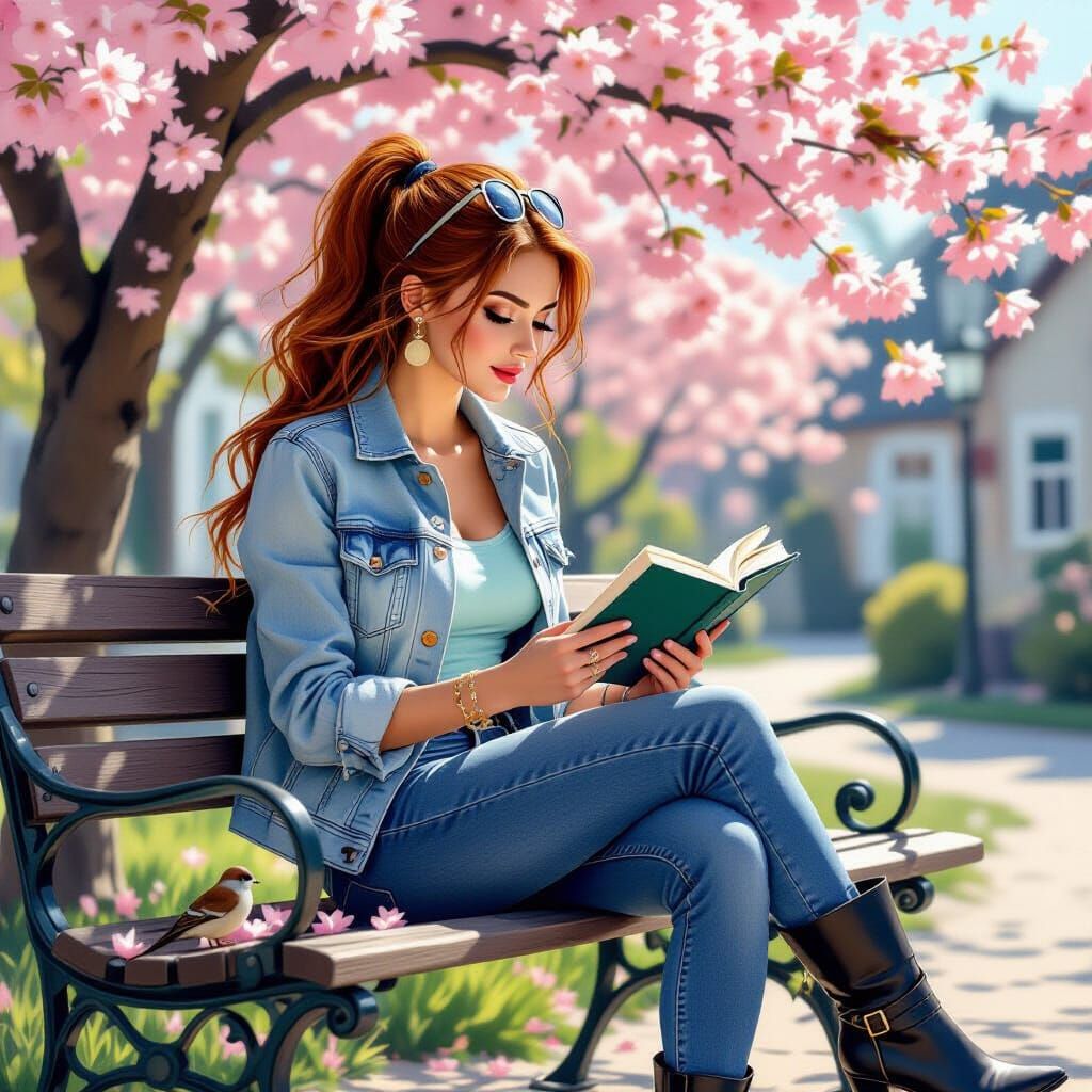 Woman Reading Under Cherry Tree in Realistic Style